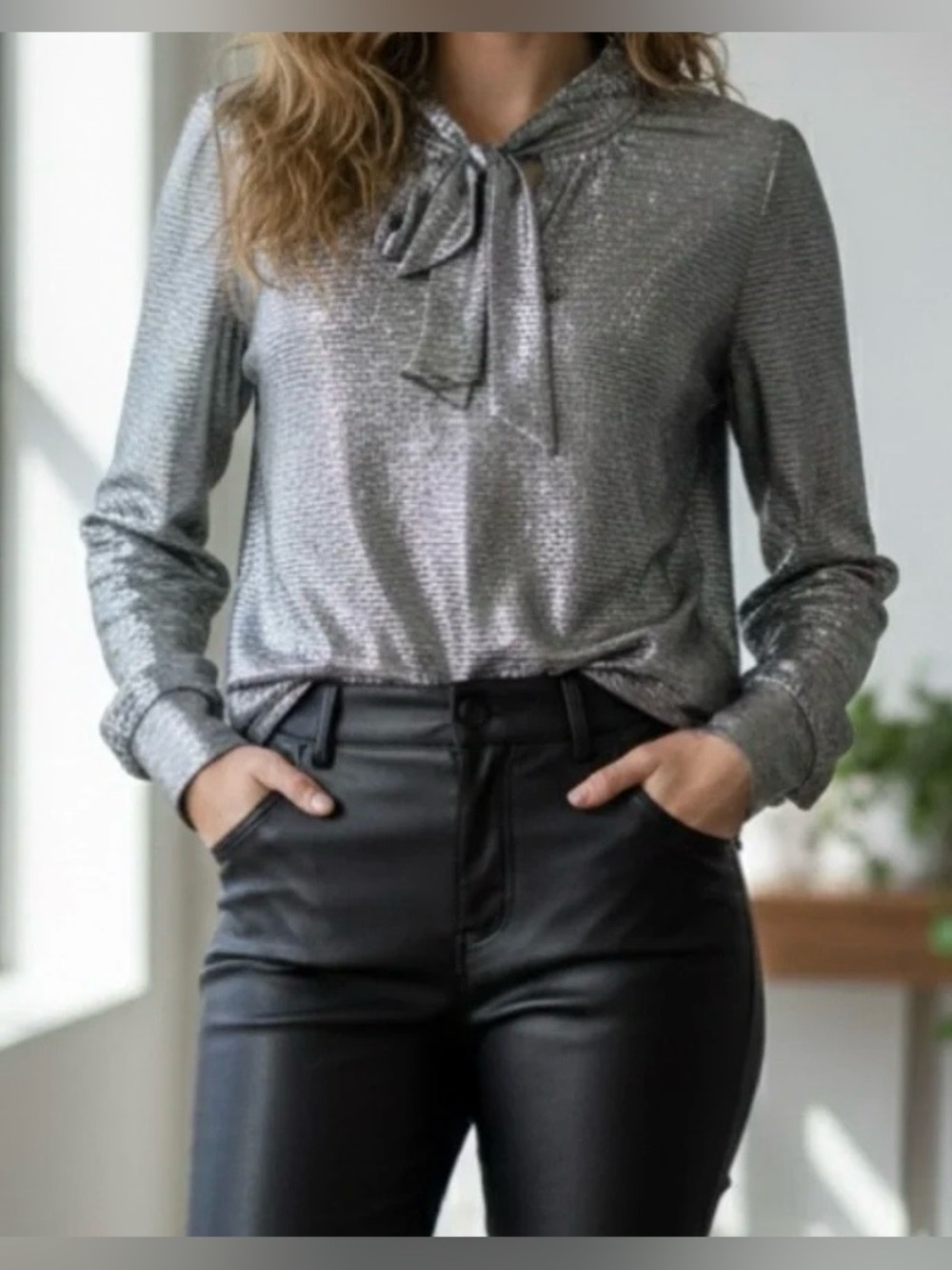 Loft Silver Metallic Long Sleeve Tie Neck Blouse